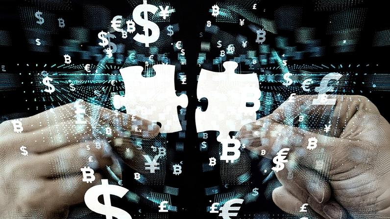 Imagem: Mãos montando um quebra-cabeça com símbolos de moedas e tecnologia blockchain