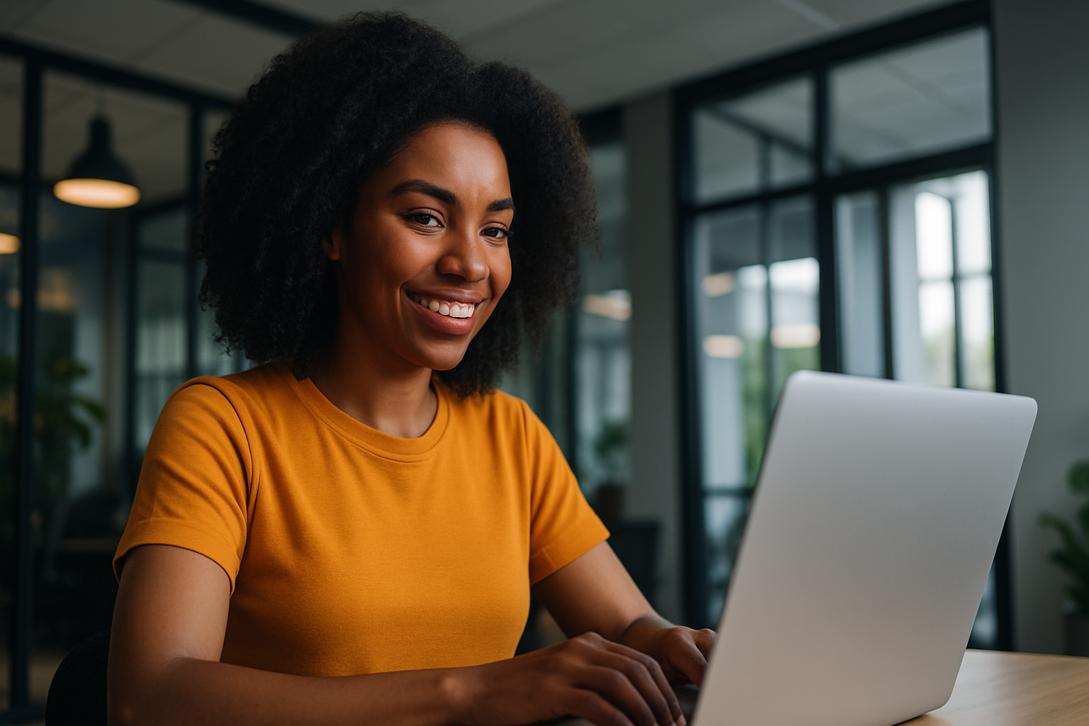 Mulher negra sorrindo e trabalhando em um laptop
