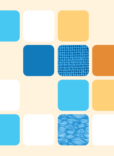Arte gráfica com fundo bege e blocos coloridos em azul, amarelo, laranja e branco com texturas abstratas relacionadas à campanha dos Fundos da Infância e Adolescência.