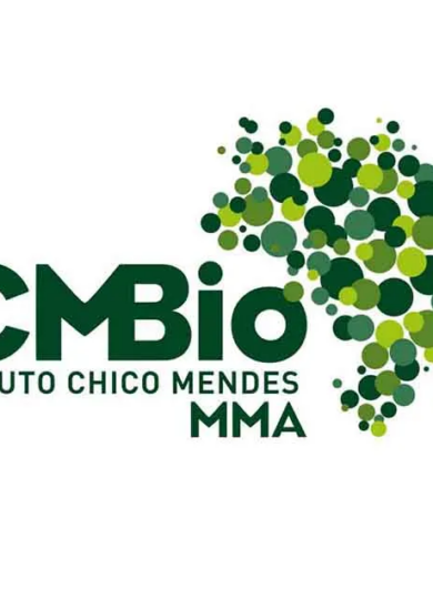 Logo do ICMBio com mapa do Brasil formado por círculos verdes.