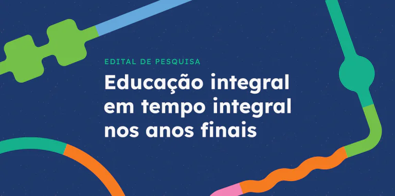 Banner azul com elementos gráficos coloridos e texto sobre edital de pesquisa de educação integral em tempo integral nos anos finais.