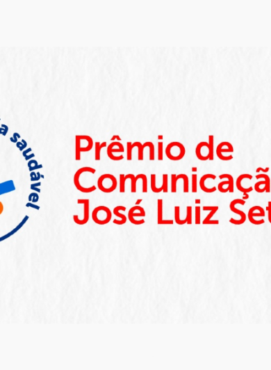 Logotipo do Prêmio de Comunicação José Luiz Setúbal com ícone geométrico colorido e frase "Futuro é infância saudável" em fundo branco.
