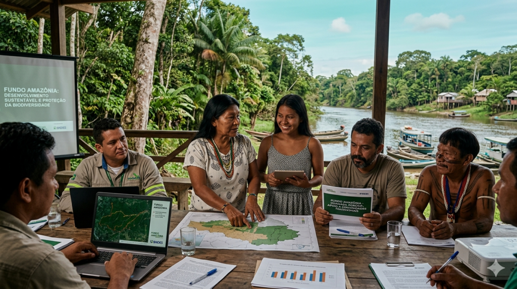 Lideranças tradicionais e gestores reunidos na floresta planejando projetos de desenvolvimento sustentável com recursos do Fundo Amazônia.